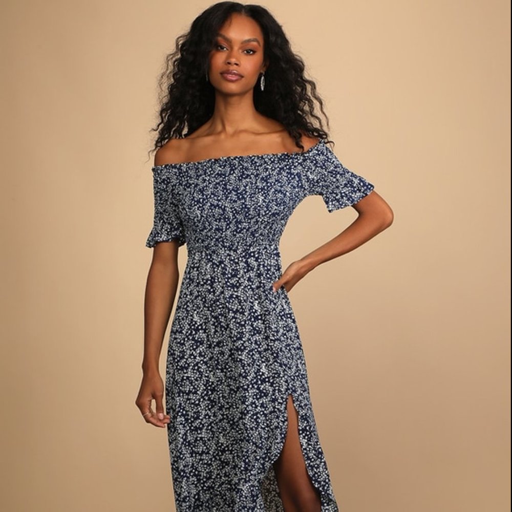 Lulu's Fleur-tation Navy Blue Floral Print Off-the-Shoulder Midi Dress